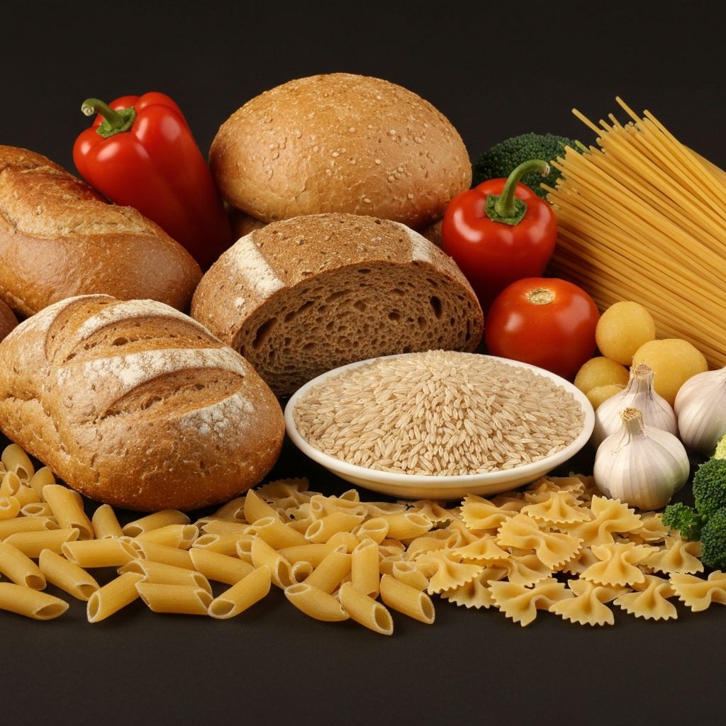 Kohlenhydratquellen arrangiert mit warmer Beleuchtung und feinen Texturdetails