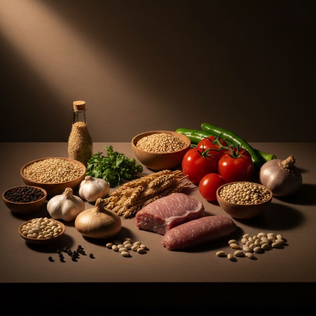 Künstlerisch arrangierte natürliche Lebensmittel zeigen vielfältige Quellen von Proteinen, Fetten und Kohlenhydraten mit dramatischer Beleuchtung