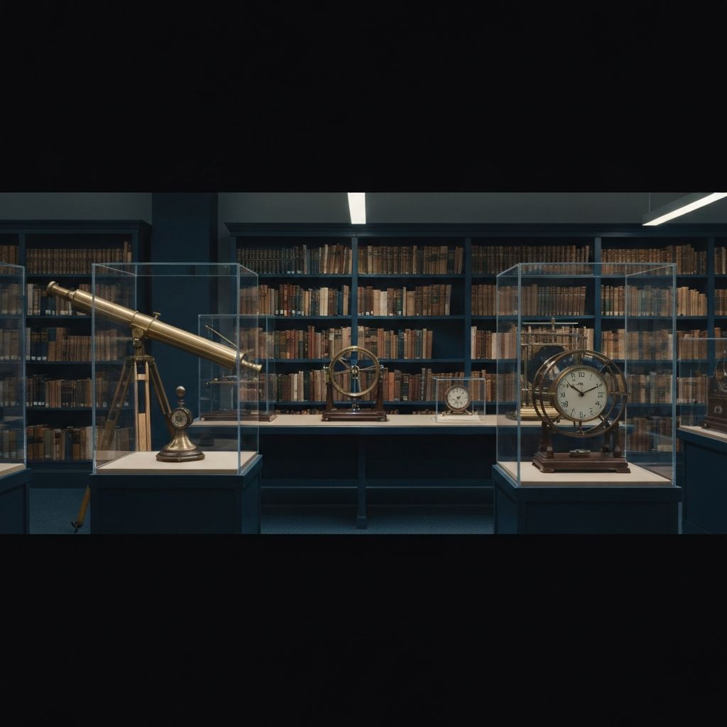 Akademische Bibliothek und Forschungsumgebung mit institutionaler Atmosphäre und wissenschaftlichen Instrumenten