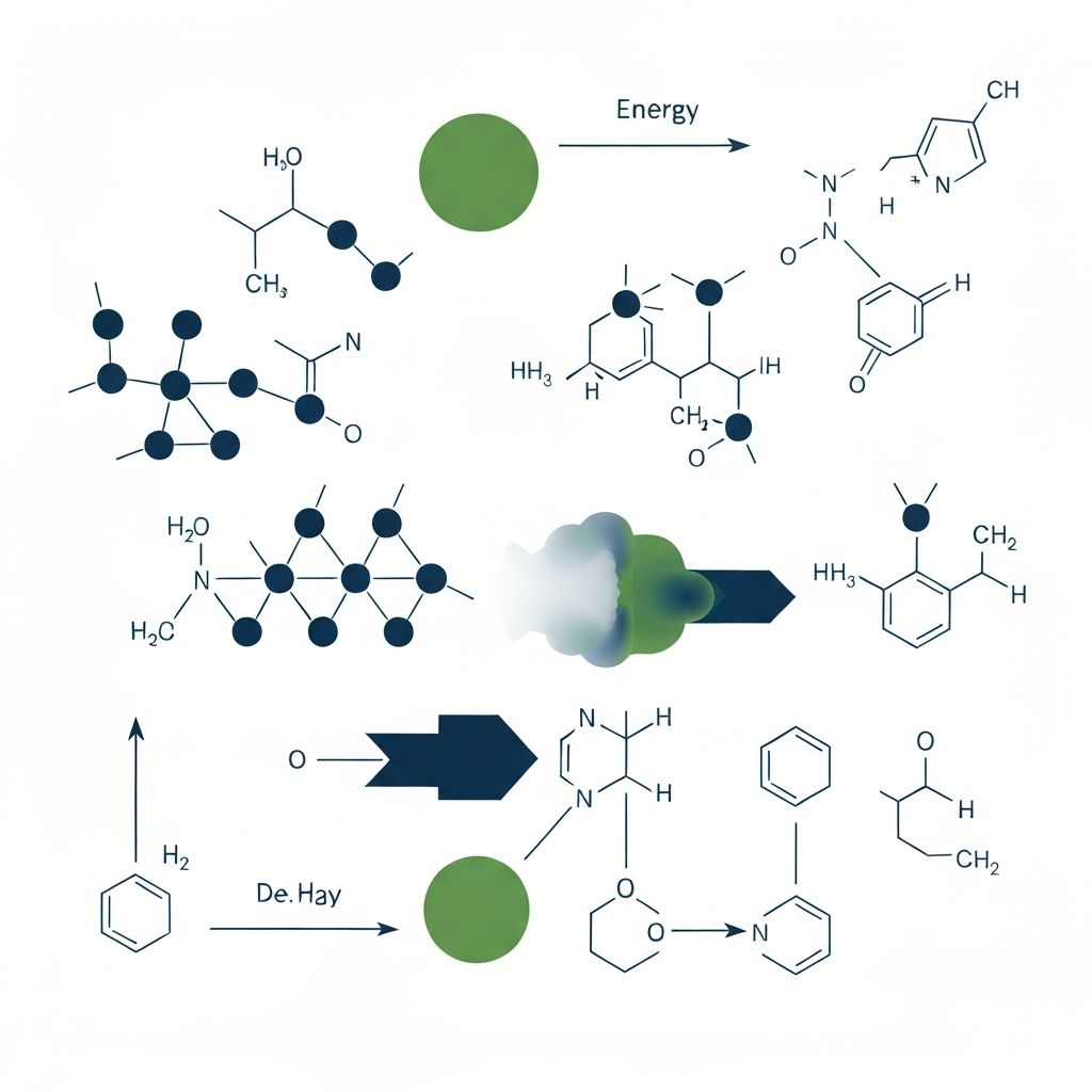 Abstrakte wissenschaftliche Darstellung von Stoffwechselprozessen und Energiefluss mit institutionalen Farben