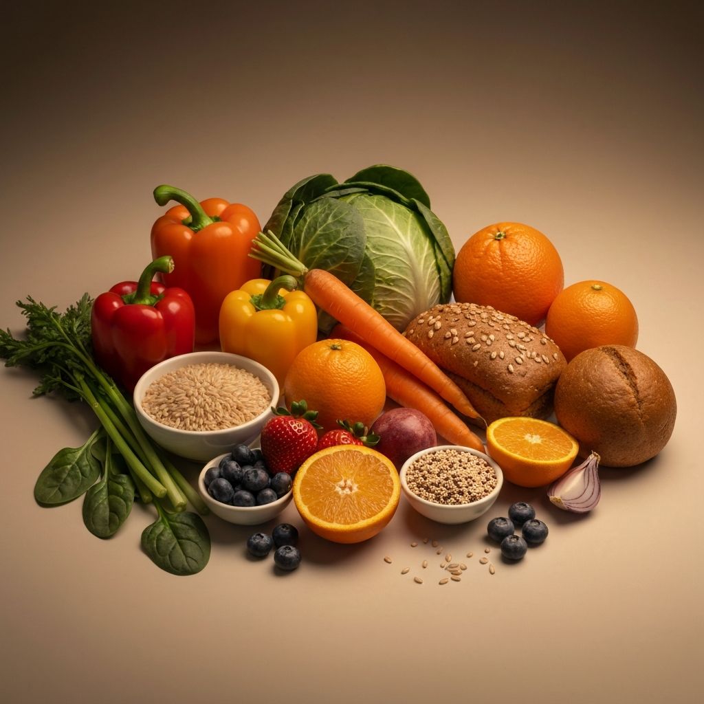 Ausgewogene Zusammensetzung von Lebensmitteln aus verschiedenen Kategorien mit warmer Beleuchtung und hoher Texturdetail